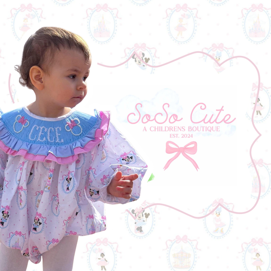 Child wearing a colorful outfit with 'Cece' on a 'So So Cute' branded background