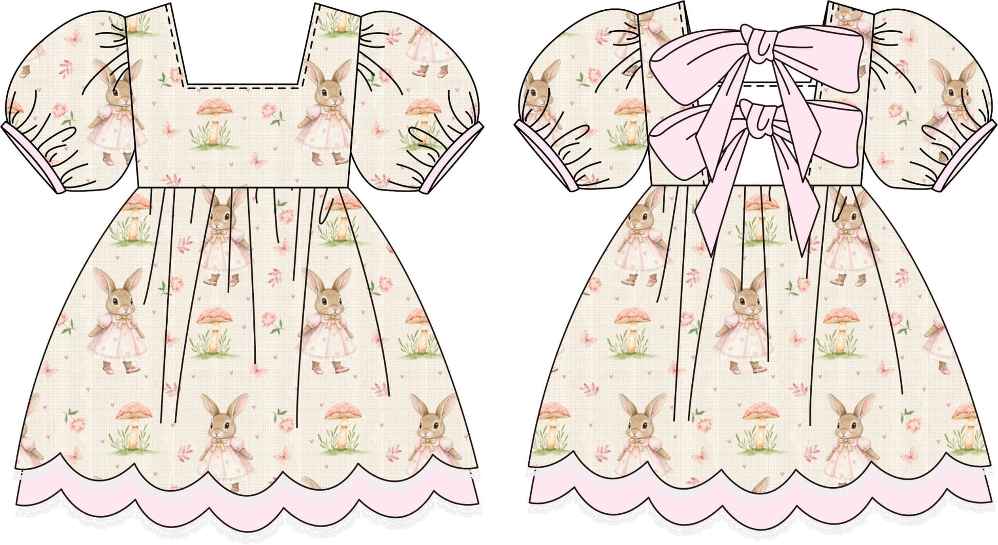 Two children's dresses with bunny pattern and bow details on a white background