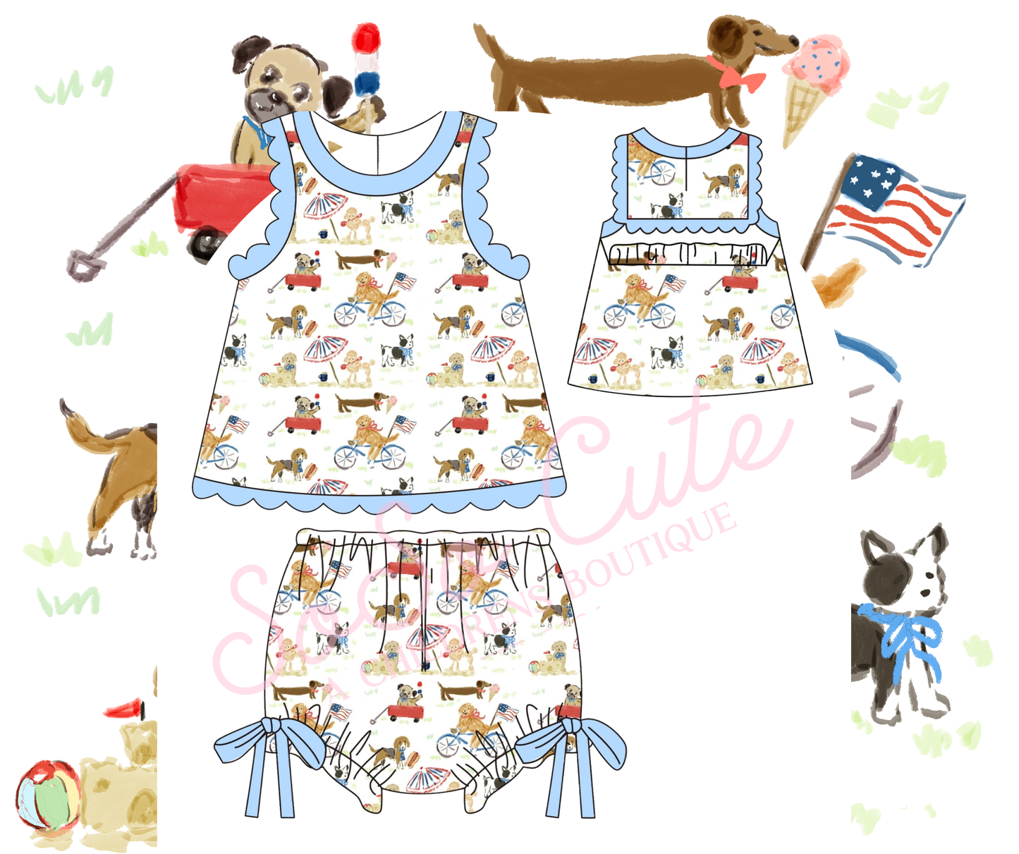 Children's pajama set with dog-themed design on a white background