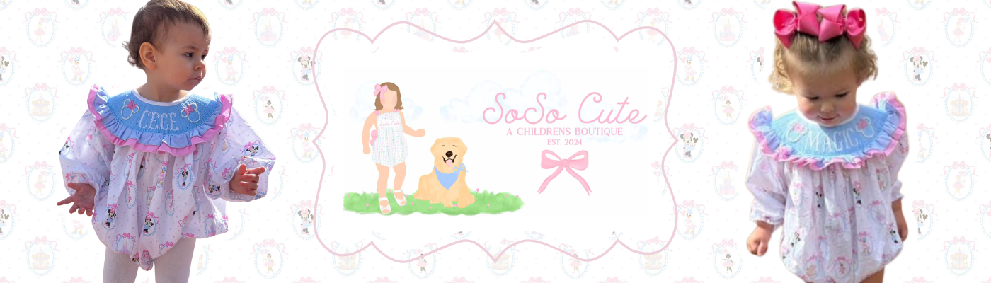 Two children wearing matching outfits with a 'So So Cute' logo in the center.